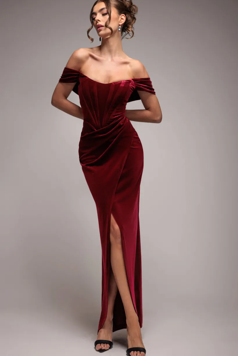 Draped Shoulder Velvet Corset Maxi Dress - Wine by Goddiva