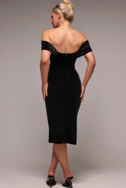 Draped Shoulder Velvet Corset Midi Dress - Black by Goddiva