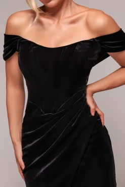 Draped Shoulder Velvet Corset Midi Dress - Black by Goddiva