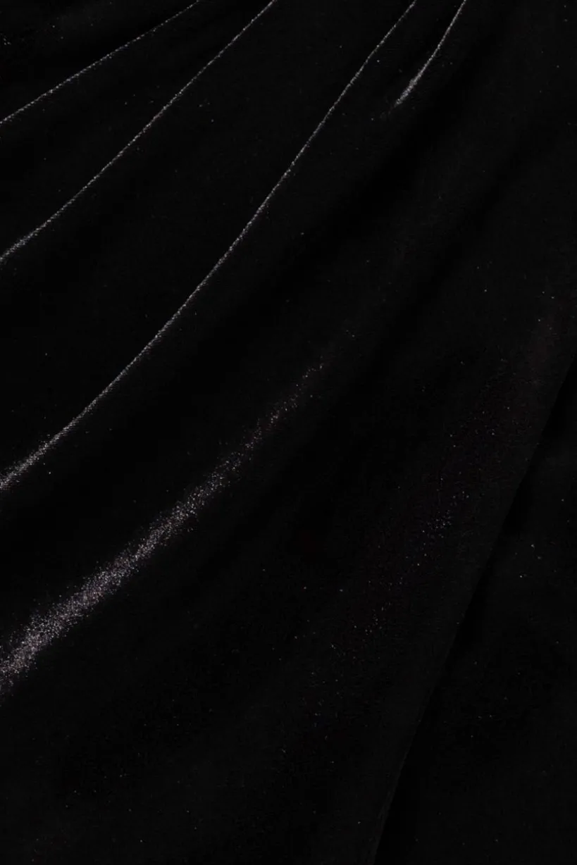 Draped Shoulder Velvet Corset Midi Dress - Black by Goddiva