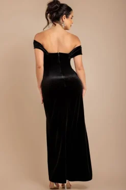 Draped Shoulder Velvet Corset Maxi Dress - Black by Goddiva