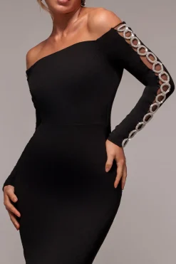 Embellished Diamante Sleeve Bardot Maxi Dress - Black by Goddiva