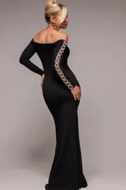 Embellished Diamante Sleeve Bardot Maxi Dress - Black by Goddiva