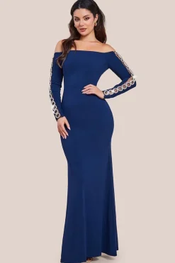 Embellished Diamante Sleeve Bardot Maxi Dress - Navy by Goddiva