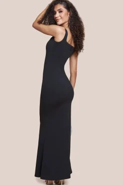 Embellished Diamante Trim Square Neck Scuba Maxi Dress - Black by Goddiva