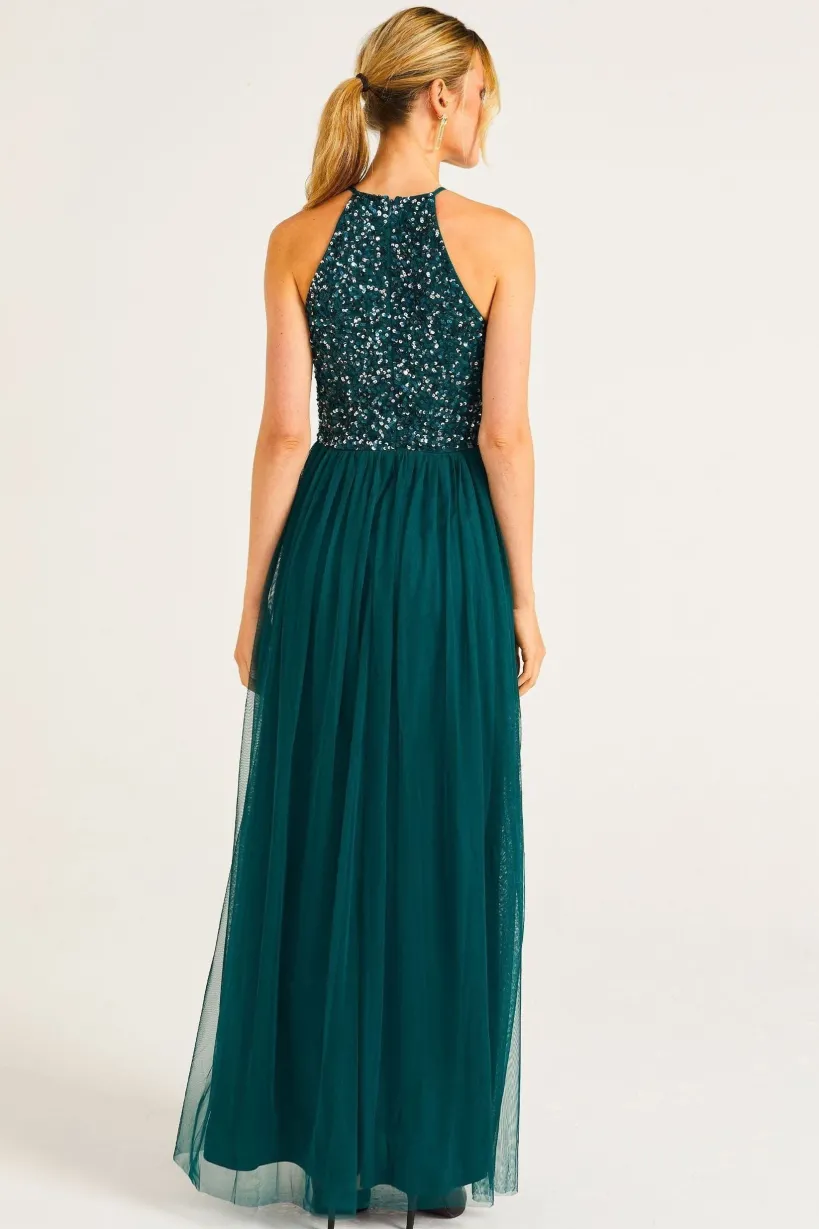 Embellished Halter Neck Maxi Dress In Emerald Green by Angeleye