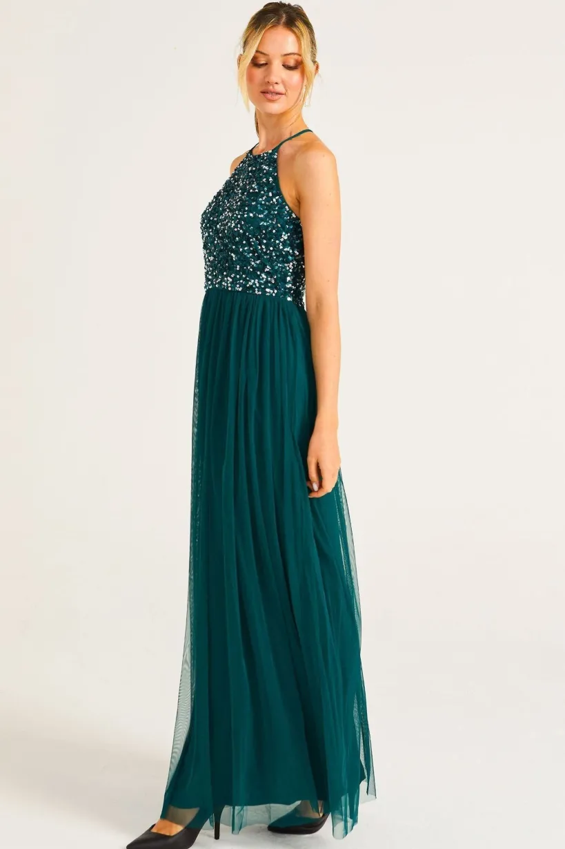 Embellished Halter Neck Maxi Dress In Emerald Green by Angeleye