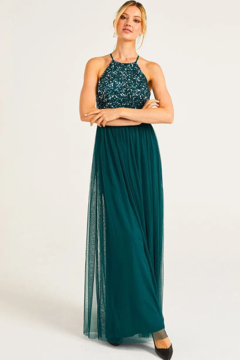 Embellished Halter Neck Maxi Dress In Emerald Green by Angeleye