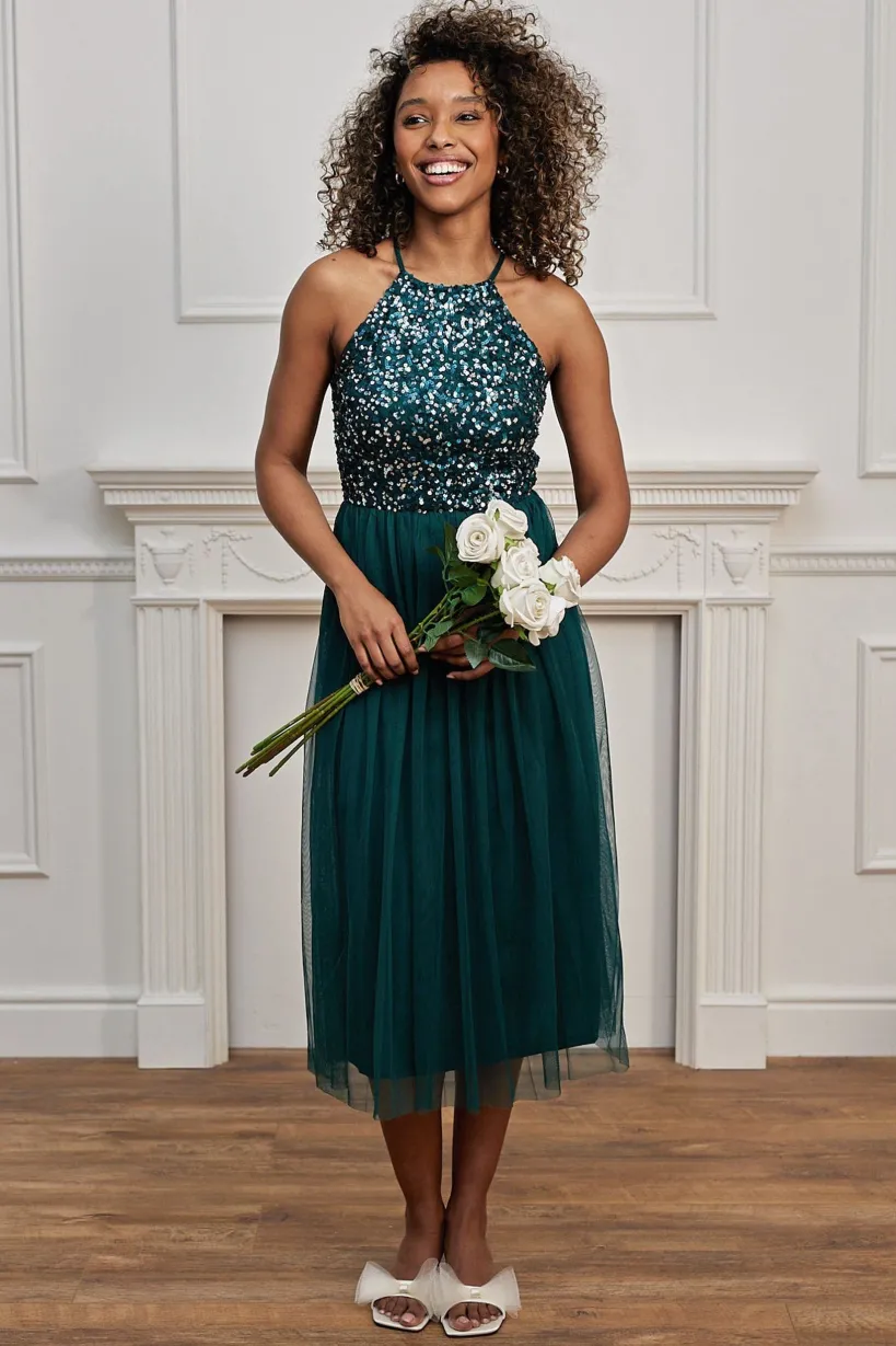 Embellished Halterneck Sequin Midi Dress In Emerald Green by Angeleye
