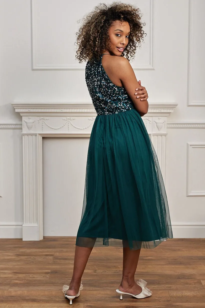 Embellished Halterneck Sequin Midi Dress In Emerald Green by Angeleye