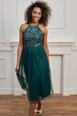 Embellished Halterneck Sequin Midi Dress In Emerald Green by Angeleye