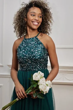 Embellished Halterneck Sequin Midi Dress In Emerald Green by Angeleye