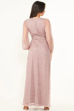 Embellished Long Mesh Sleeve Maxi Dress In Lavender by Angeleye