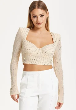 Embellished Nude Long Sleeve Crop Top by Liquorish