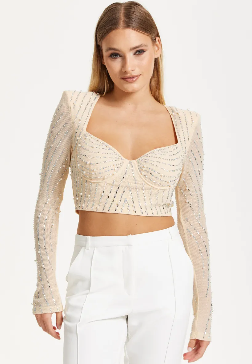 Embellished Nude Long Sleeve Crop Top by Liquorish