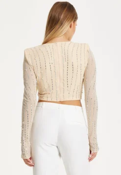 Embellished Nude Long Sleeve Crop Top by Liquorish