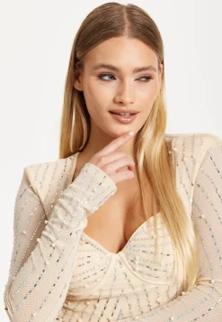 Embellished Nude Long Sleeve Crop Top by Liquorish