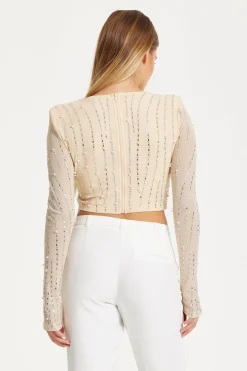 Embellished Nude Long Sleeve Crop Top by Liquorish