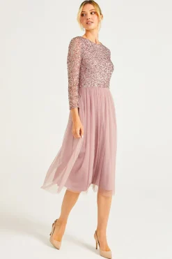 Embellished Sequin Long Sleeve Midi Dress In Lavender by Angeleye