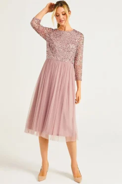 Embellished Sequin Long Sleeve Midi Dress In Lavender by Angeleye