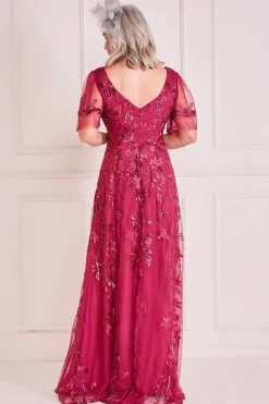 Embroidered Flared Sleeve Maxi Dress - Magenta by Goddiva