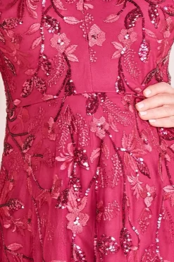 Embroidered Flared Sleeve Maxi Dress - Magenta by Goddiva