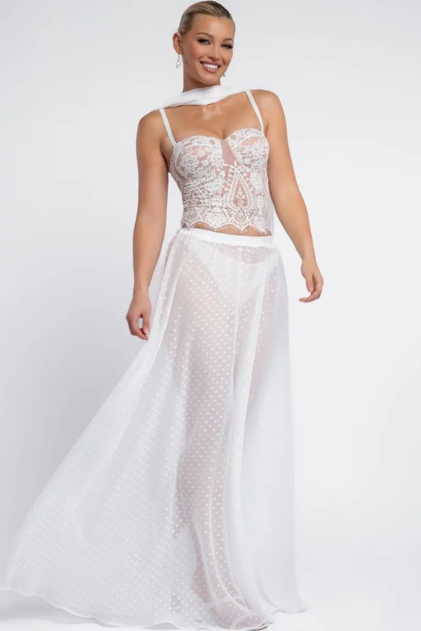 Embroidered Lace Corset Polka Dobby Chiffon A-Line Maxi Skirt With Scarf & Gloves - Cream by Goddiva