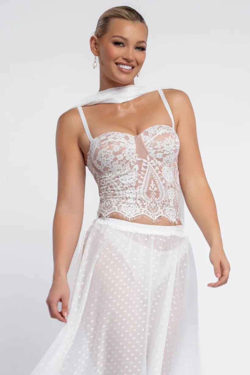 Embroidered Lace Corset Polka Dobby Chiffon A-Line Maxi Skirt With Scarf & Gloves - Cream by Goddiva