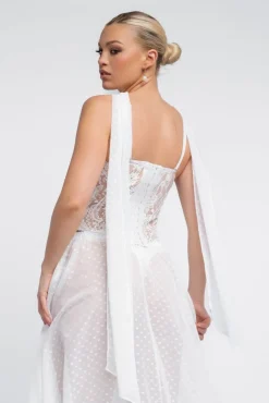 Embroidered Lace Corset Polka Dobby Chiffon A-Line Maxi Skirt With Scarf & Gloves - Cream by Goddiva
