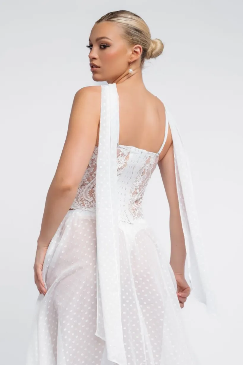 Embroidered Lace Corset Polka Dobby Chiffon A-Line Maxi Skirt With Scarf & Gloves - Cream by Goddiva