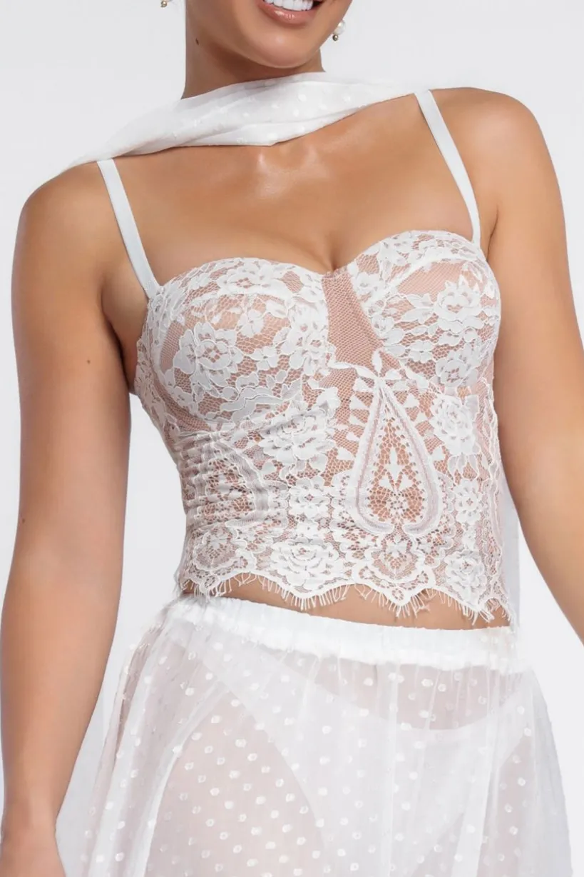 Embroidered Lace Corset Polka Dobby Chiffon A-Line Maxi Skirt With Scarf & Gloves - Cream by Goddiva