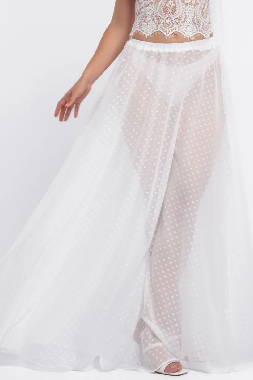 Embroidered Lace Corset Polka Dobby Chiffon A-Line Maxi Skirt With Scarf & Gloves - Cream by Goddiva