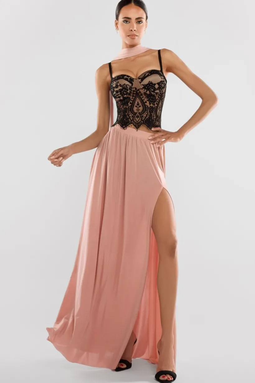 Embroidered Lace Corset Side Split Jersey Maxi Skirt With Jersey Scarf - Blush Pink by Goddiva