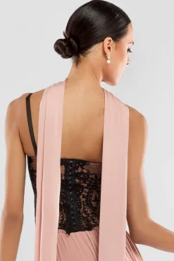 Embroidered Lace Corset Side Split Jersey Maxi Skirt With Jersey Scarf - Blush Pink by Goddiva