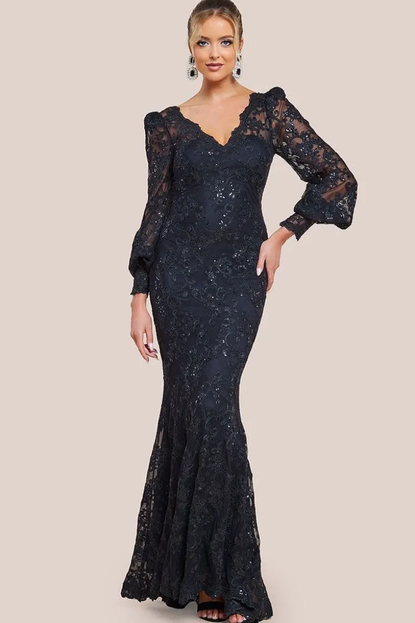 Embroidered Lace Scalloped Edge Maxi Dress - Black by Goddiva