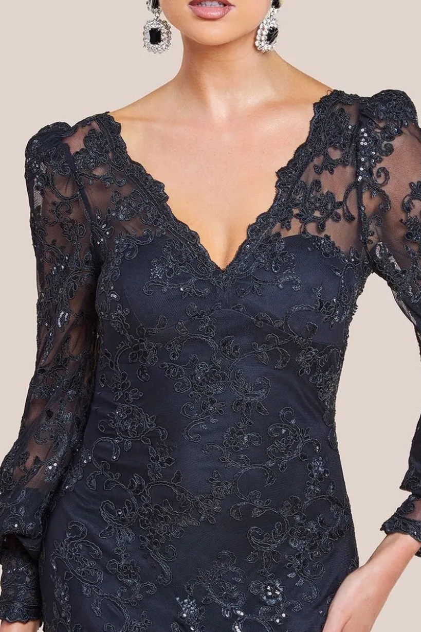 Embroidered Lace Scalloped Edge Maxi Dress - Black by Goddiva