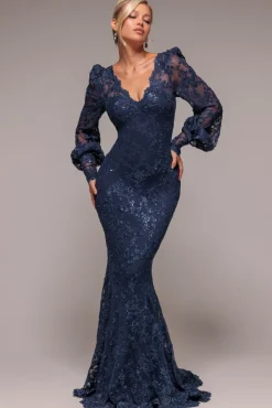 Embroidered Lace Scalloped Edge Maxi Dress - Navy Blue by Goddiva