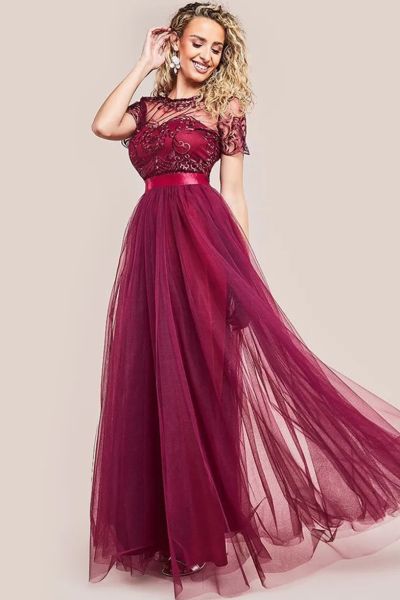 Embroidered Mesh Maxi Dress - Burgundy by Goddiva