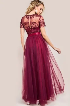 Embroidered Mesh Maxi Dress - Burgundy by Goddiva