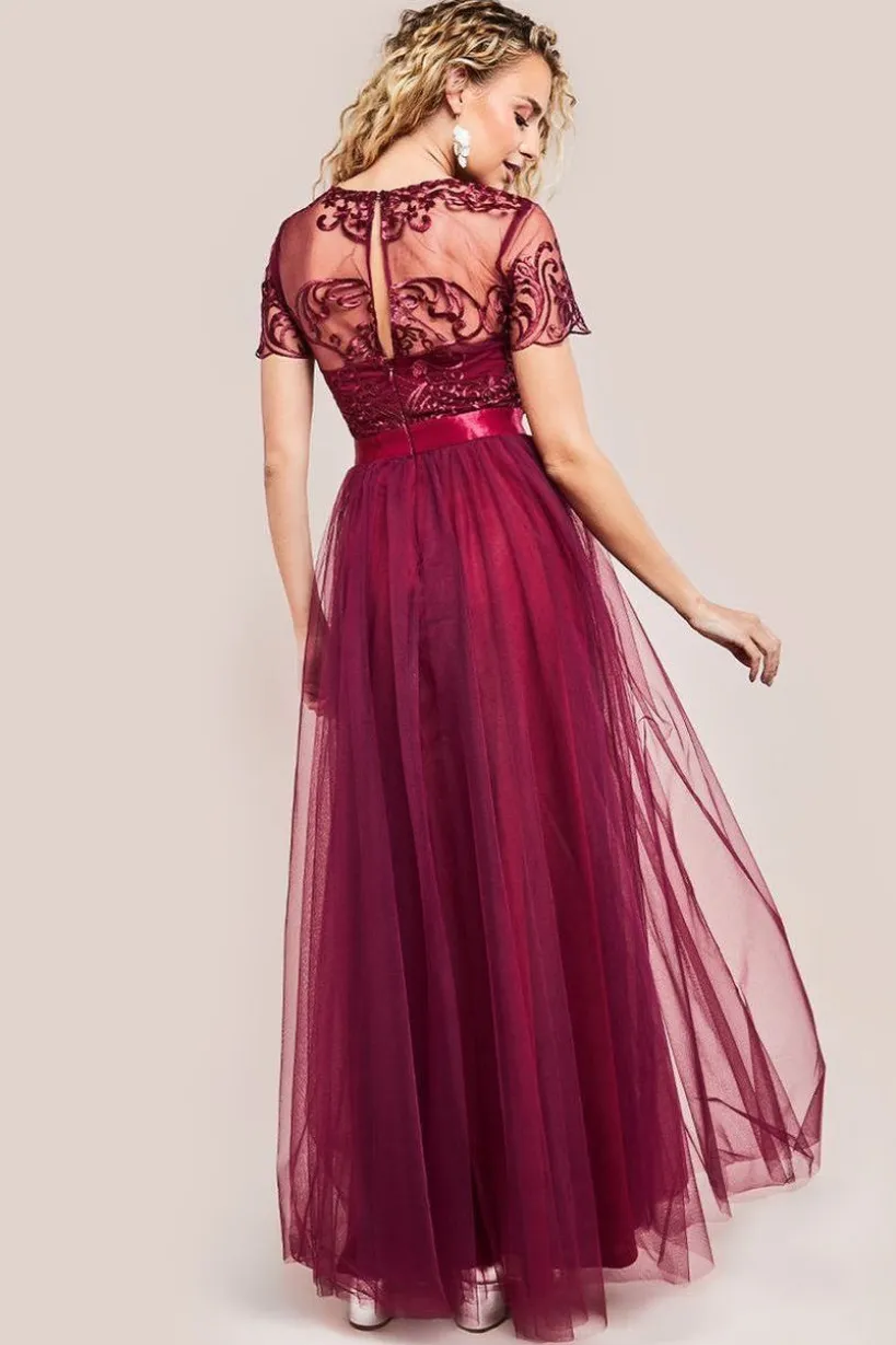 Embroidered Mesh Maxi Dress - Burgundy by Goddiva