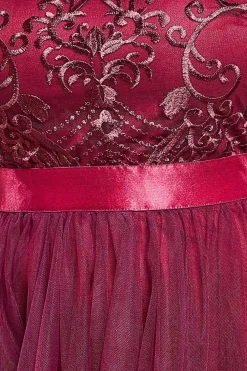 Embroidered Mesh Maxi Dress - Burgundy by Goddiva