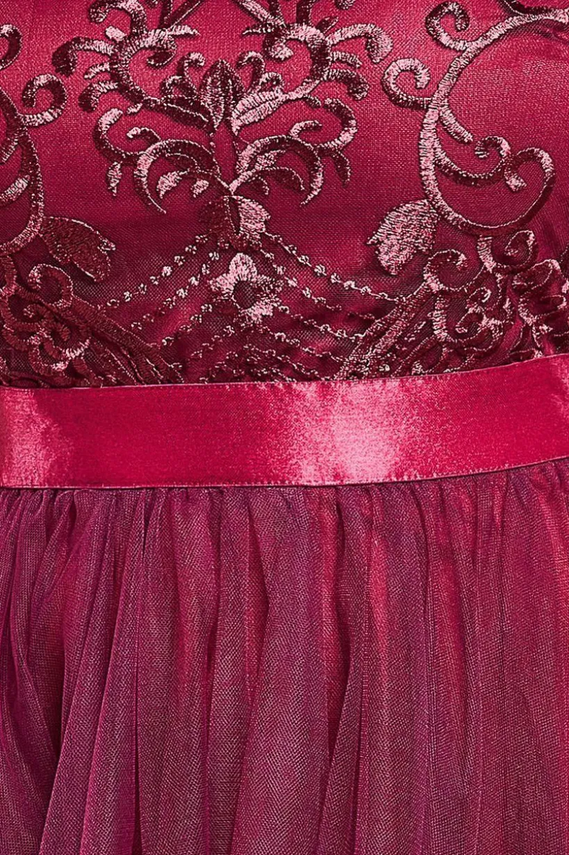Embroidered Mesh Maxi Dress - Burgundy by Goddiva