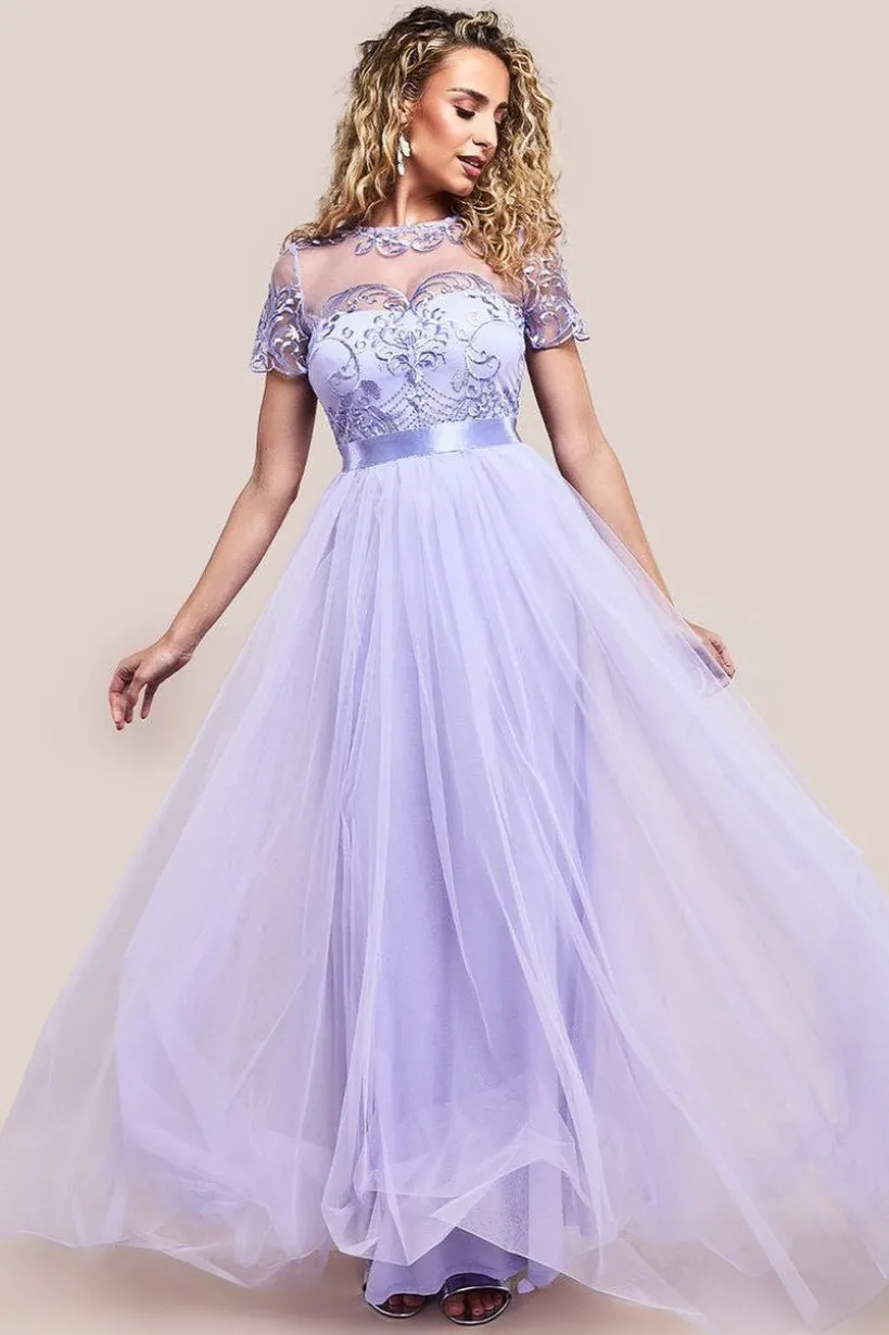 Embroidered Mesh Maxi Dress - Lilac by Goddiva