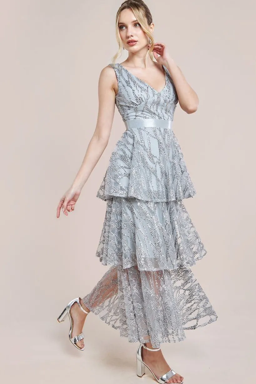 Embroidered Mesh Tiered Midi Dress - Grey by Goddiva