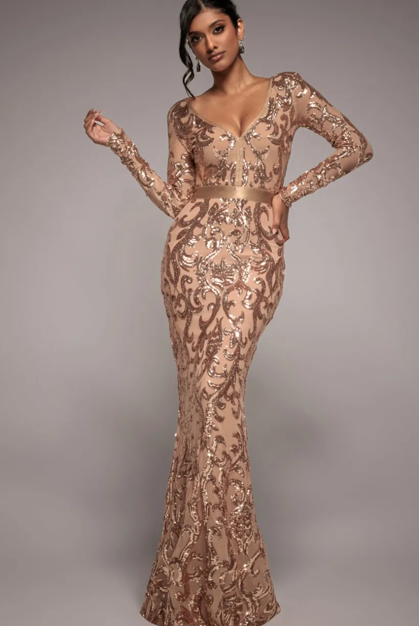 Embroidered Sequin & Mesh Maxi Dress - Champagne by Goddiva