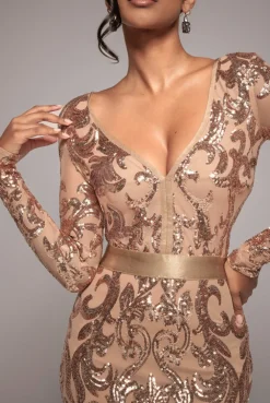 Embroidered Sequin & Mesh Maxi Dress - Champagne by Goddiva