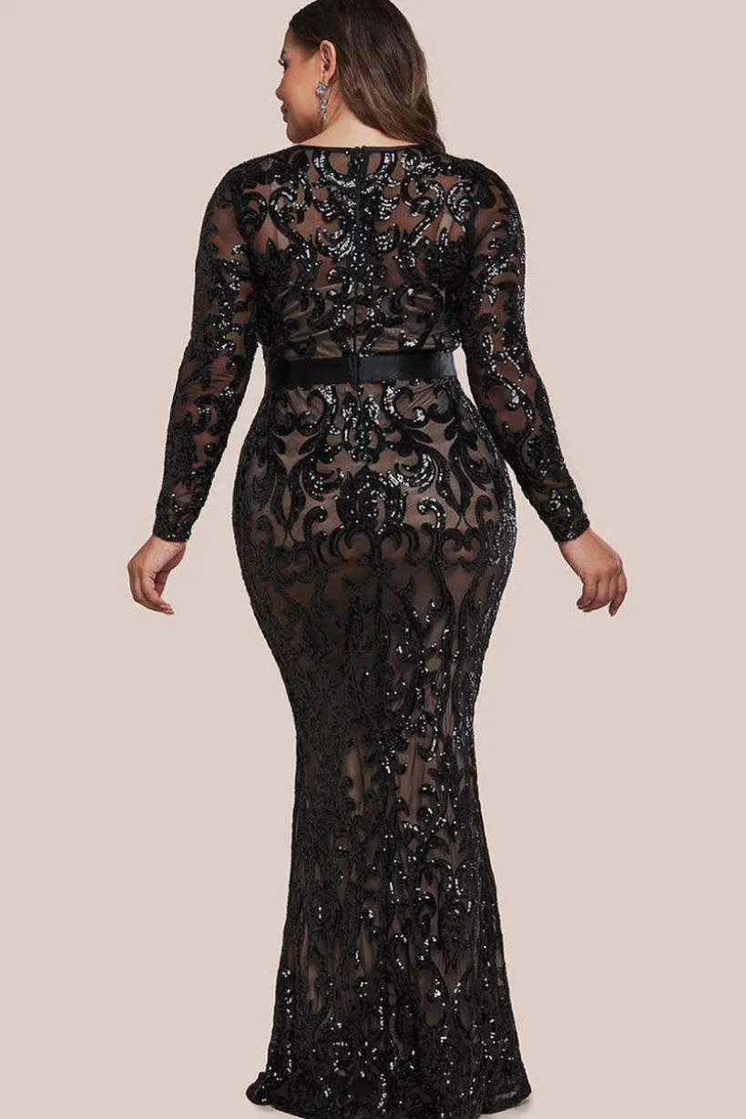 Embroidered Sequin & Mesh Maxi Dress - Black by Goddiva Plus