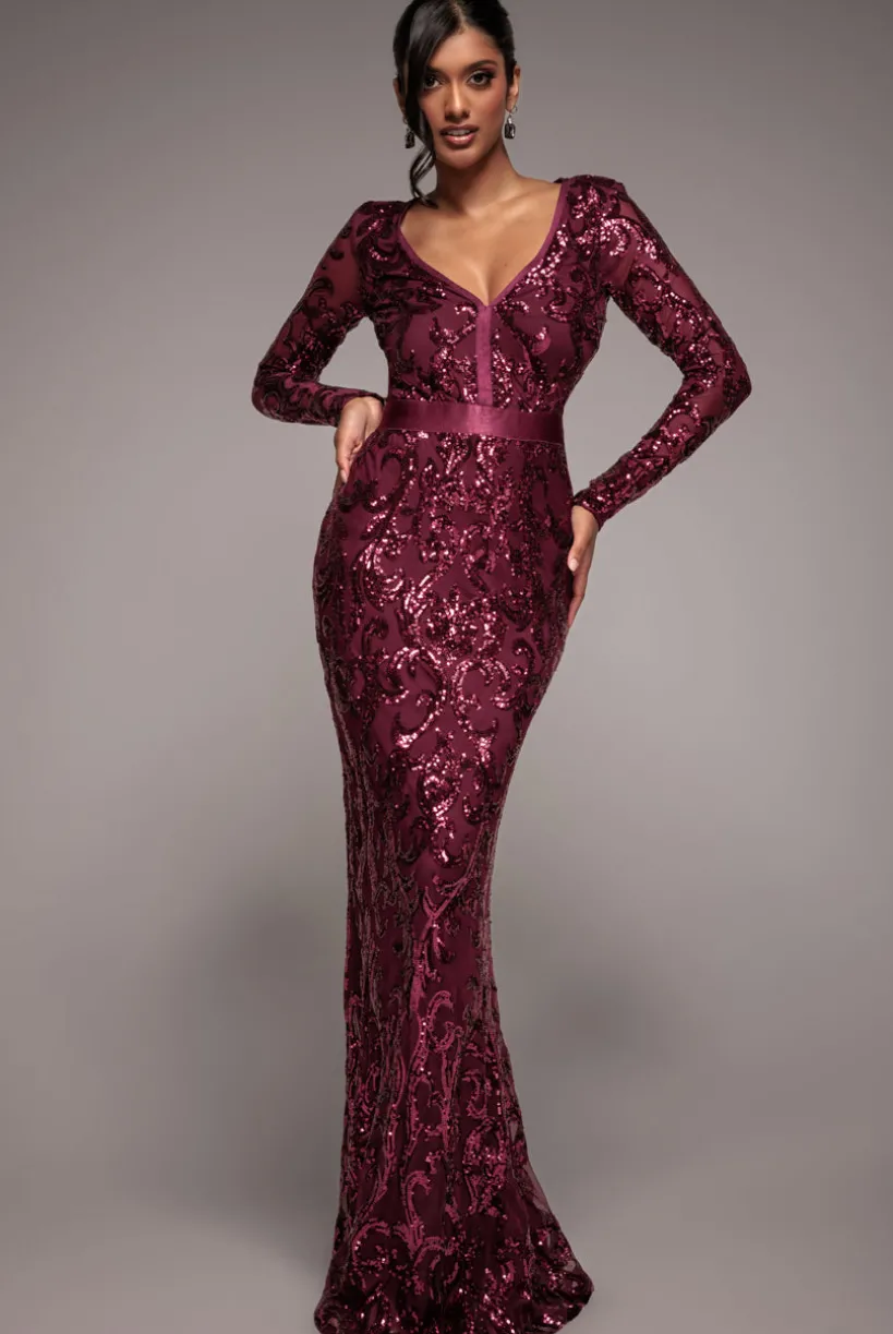 Embroidered Sequin & Mesh Maxi Dress - Burgundy by Goddiva