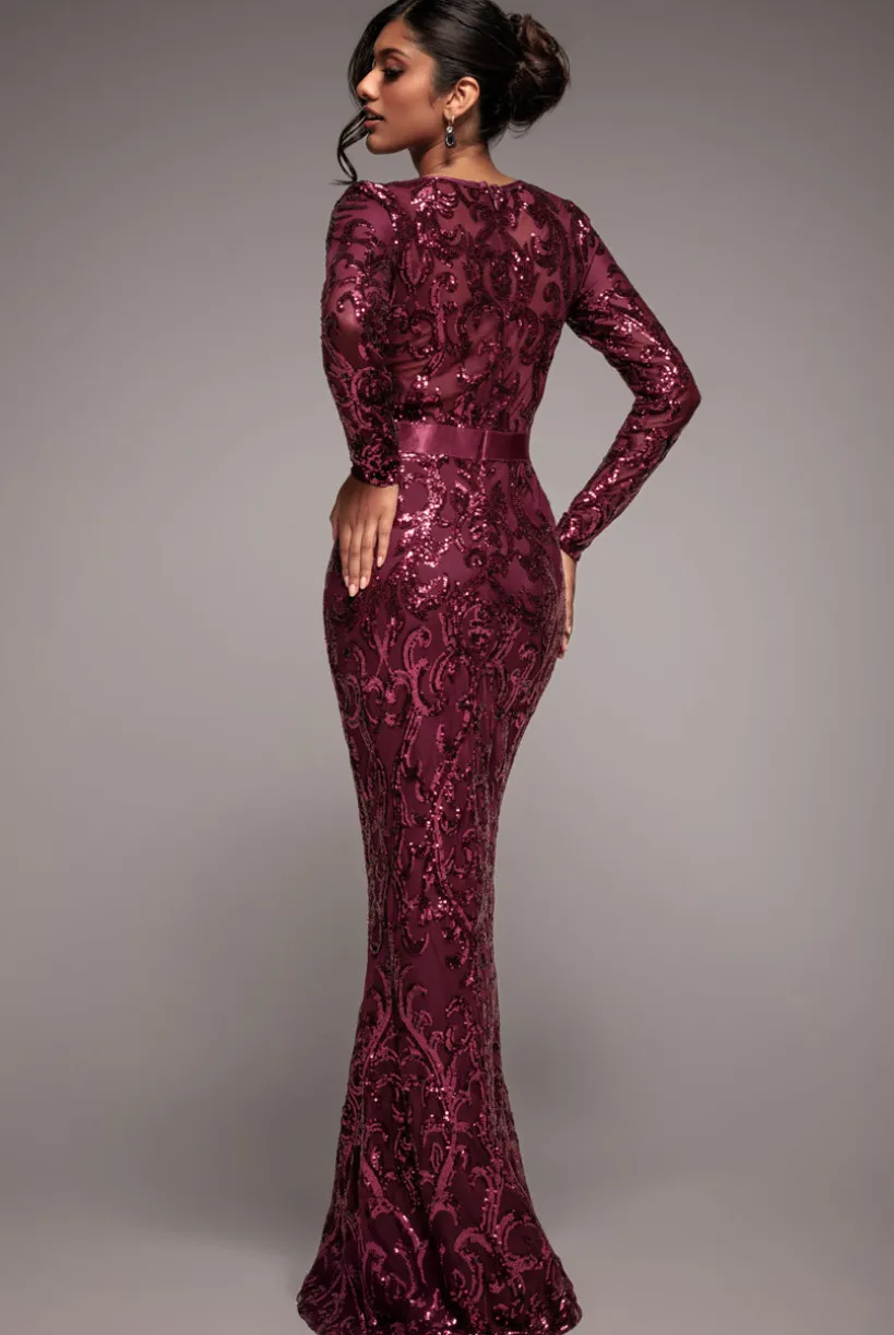 Embroidered Sequin & Mesh Maxi Dress - Burgundy by Goddiva