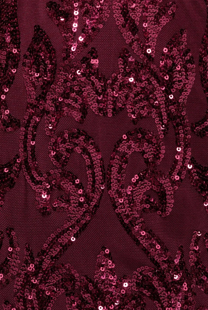 Embroidered Sequin & Mesh Maxi Dress - Burgundy by Goddiva